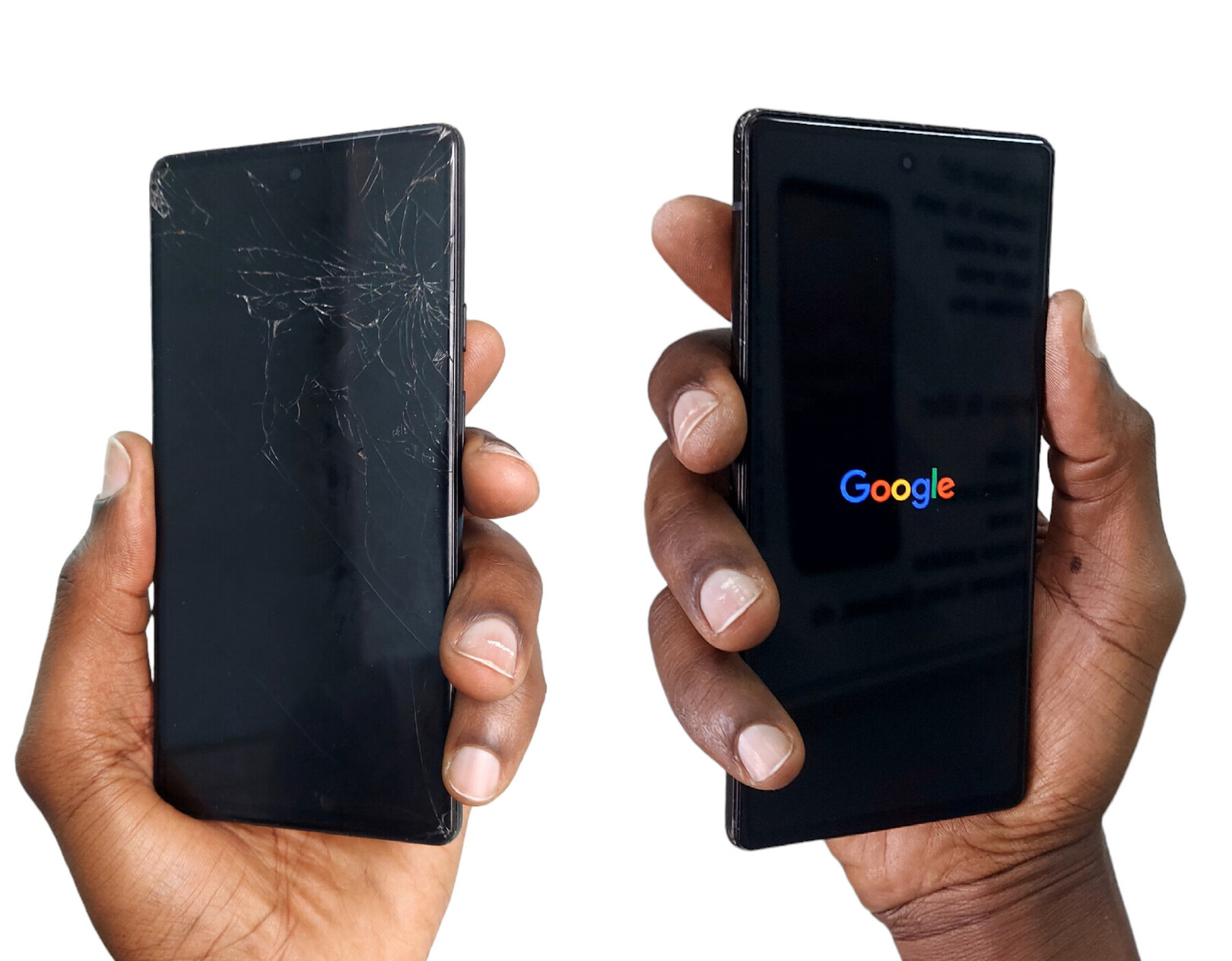 Google Pixel 6a before and after screen replacement at Techbay